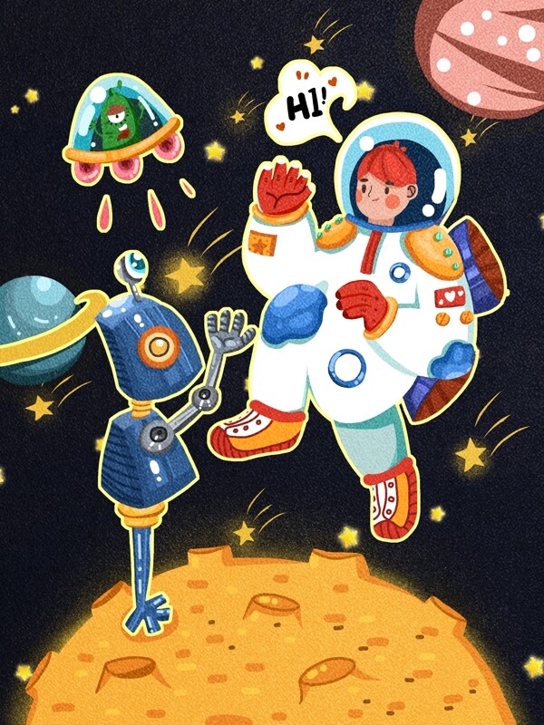 宇宙探险男孩和机器人打招呼复古插画
