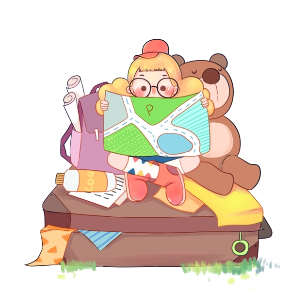 卡通坐在行李箱上的旅行女孩