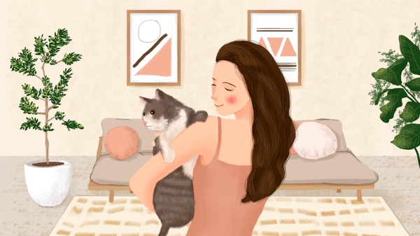 萌宠系列原创插画沙发前的怀抱猫咪的女孩