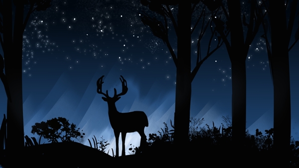 森林与鹿治愈插画在星空下的鹿插画海报配图