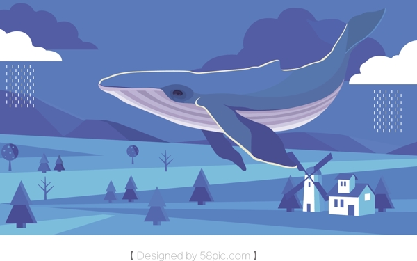 治愈系蓝色深海鲸鱼插画