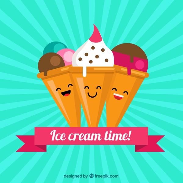 可爱的冰淇淋人物表情插图蓝色背景