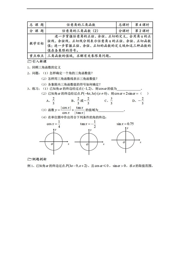 数学苏教版溧水县第二高级中学教学案必修4第04课时任意角的三角函数2