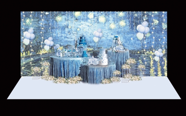 梵高油画蓝色星空主题婚礼甜品区工装效果图