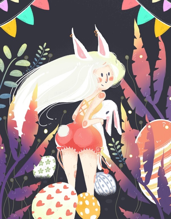 夜色兔子少女復活節(jié)清新插畫
