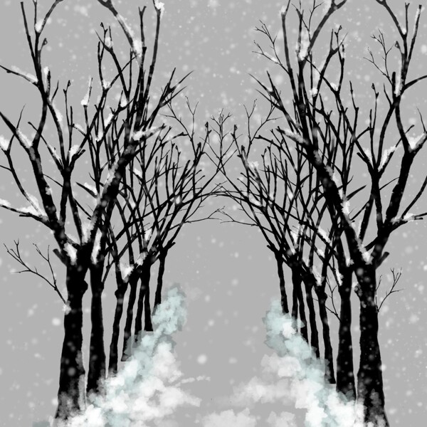冬季积雪暗色树林寒冷手绘免抠