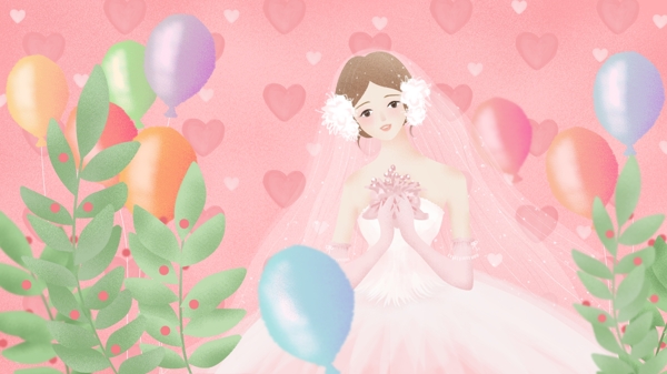 手拿手捧花的穿婚纱的新娘彩色气球卡通背景