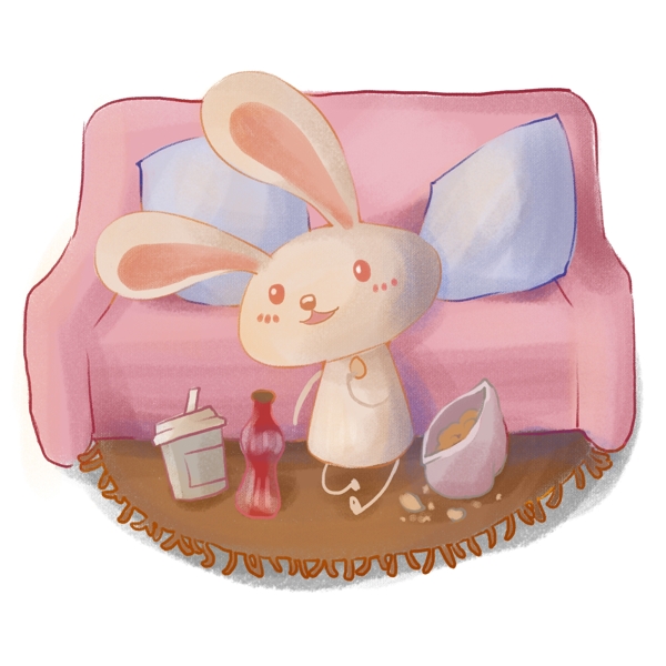 手绘卡通可爱兔子在家沙发抱枕零食