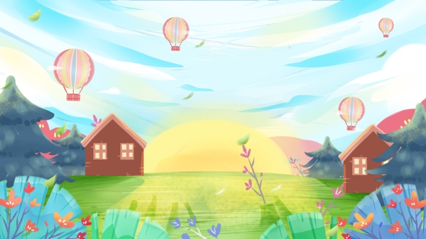 唯美热气球小屋花草背景设计