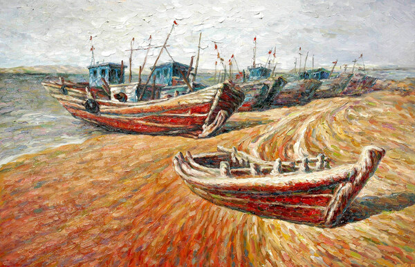 海滩的渔船油画写生图片