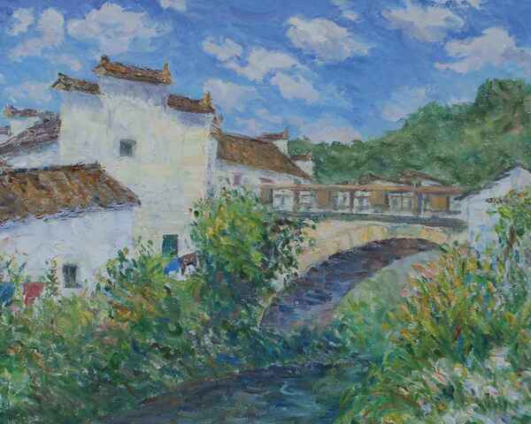 村莊風景油畫
