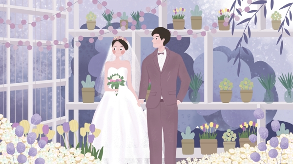 浪漫婚礼新婚夫妇在花房伫望小清新插画