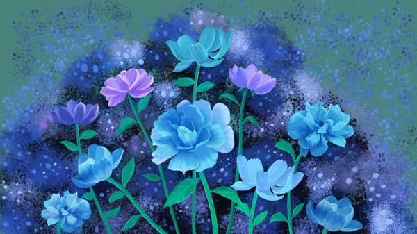 蓝色温馨唯美复古写实花卉植物插画