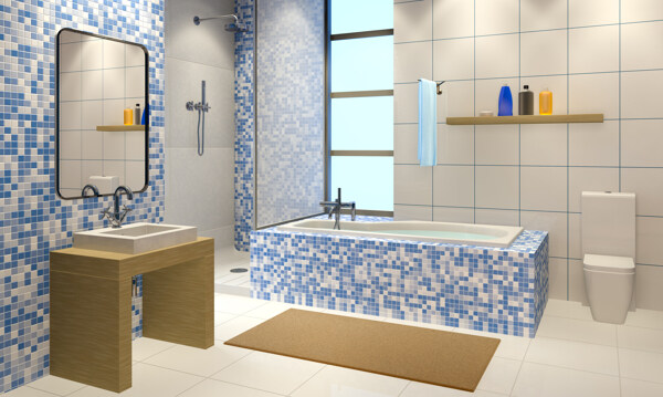 蓝色格子浴室装潢设计图片
