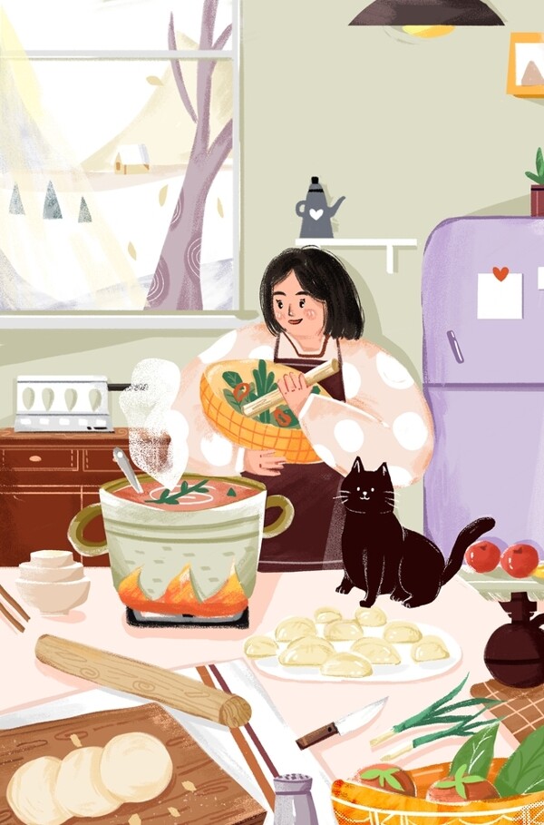人物少女厨房插画卡通背景素材图片