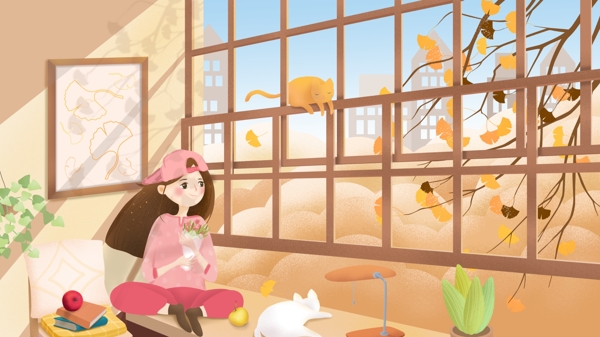 原创手绘插画秋天风景女孩居家坐窗前