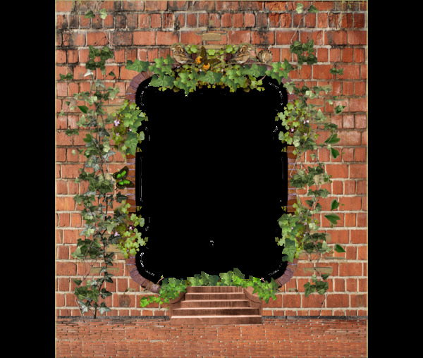 红色砖墙绿色叶子环绕门png元素