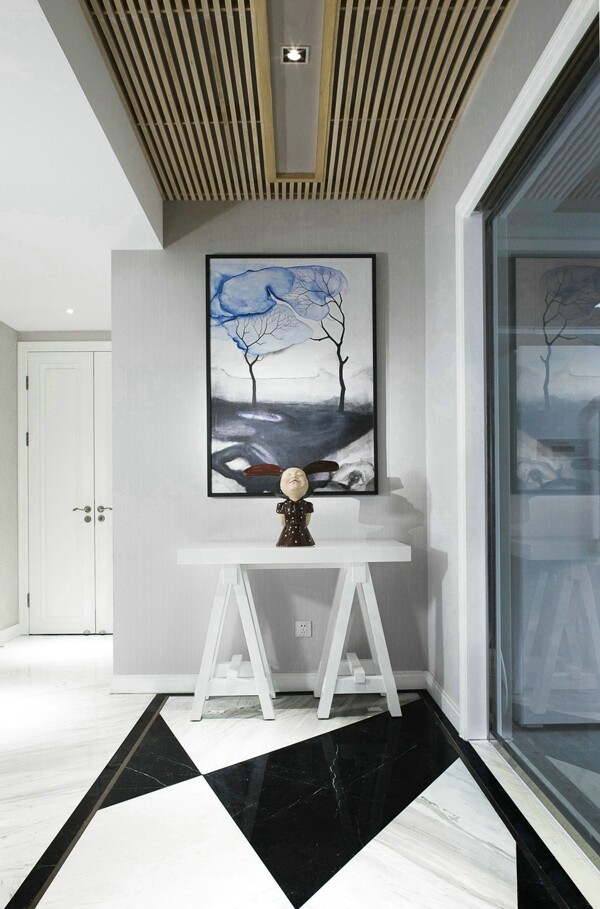 现代时尚客厅黑白瓷砖地板室内装修效果图
