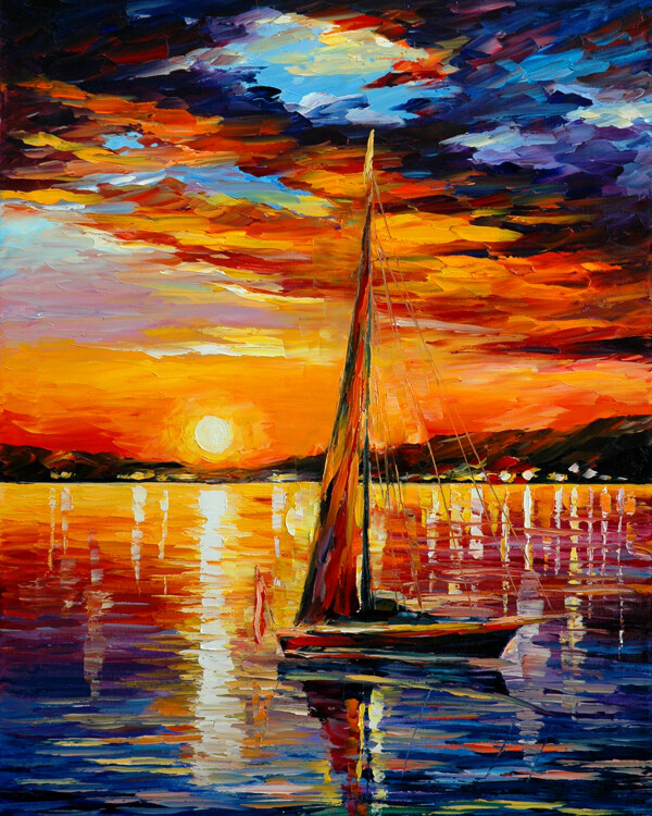 傍晚太阳的余晖洒在湖面上油画图片