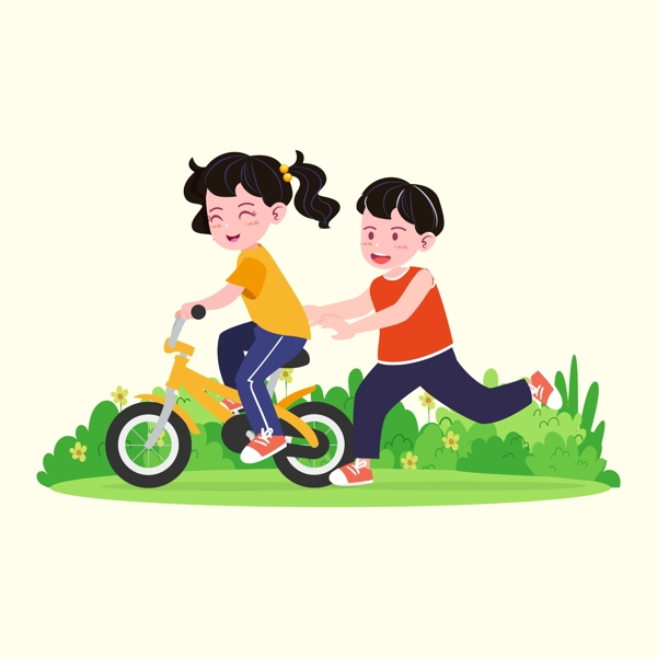 骑单车打闹玩耍的儿童人物元素