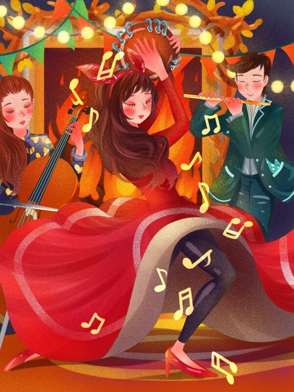 壁炉边跳舞拉琴开音乐派对欢庆新年原创插画