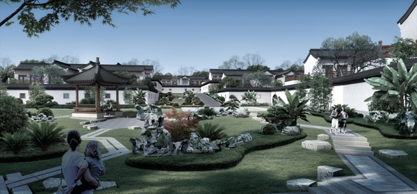 中式庭院建筑景观效果图图片