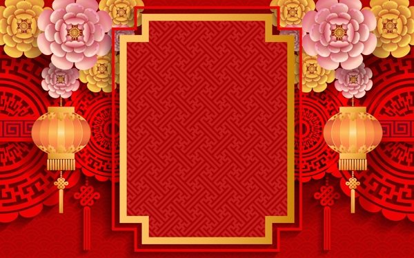 中国风花朵灯笼剪纸新年背景素材