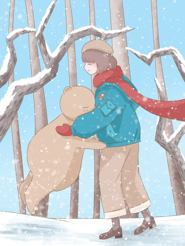 冬至插画冬天树林里拥抱的女孩和小熊