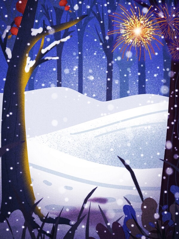 彩绘冬季雪地树林背景设计