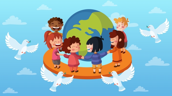 世界和平日各国小朋友保护地球和平矢量插画