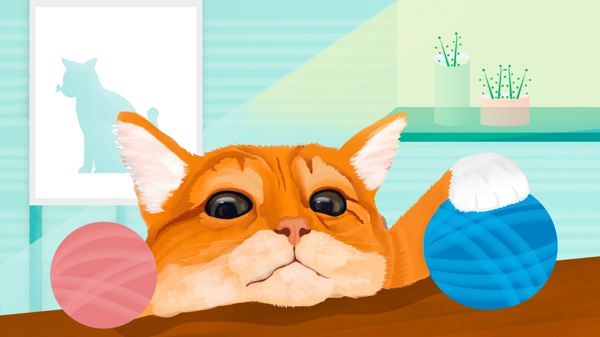 手绘萌宠系列玩球的橘猫插画