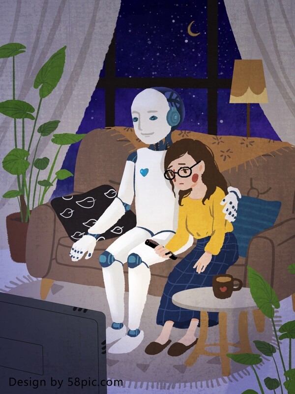未来是不是只能与机器人相伴了原创手绘插画