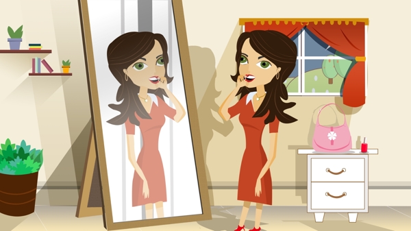 站在镜子前涂口红的漂亮女人插画