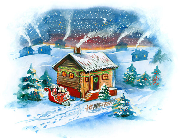 位圖插畫圣誕節(jié)小屋雪橇免費素材