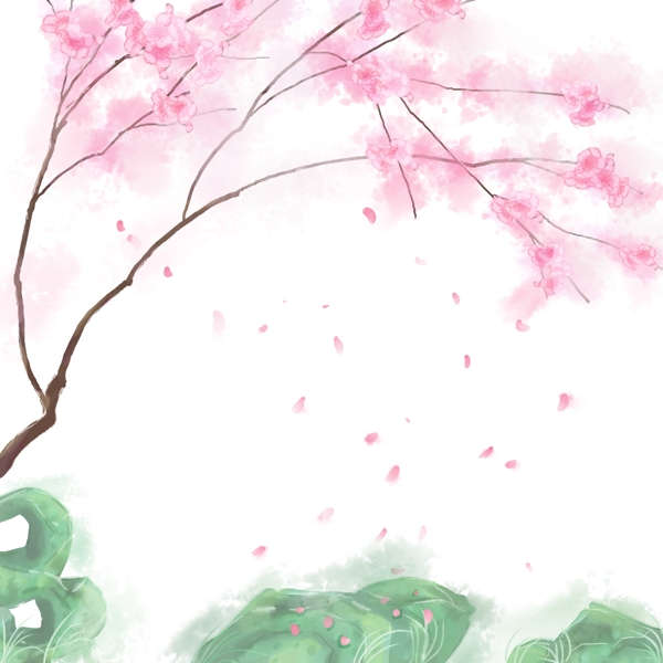 卡通手绘中国风粉红色花石头