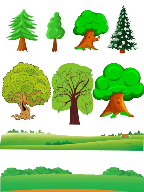 草地树木卡通素材图片