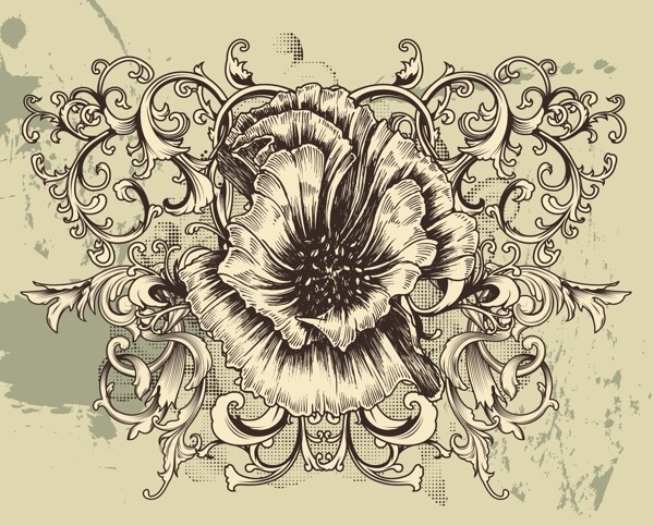 舊貨花卉背景與芙蓉矢量插畫(huà)