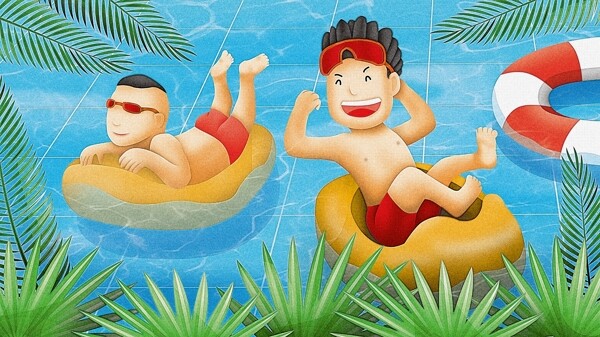 清新夏至夏天游泳冲浪大暑小暑节气插画