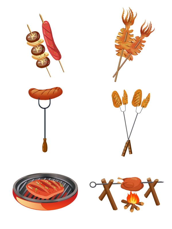 烧烤虾香肠肉蔬菜美食撸串手绘食物小吃