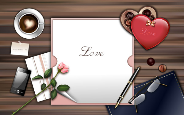 情人节素材桌面壁纸玫瑰巧克力咖啡笔眼镜