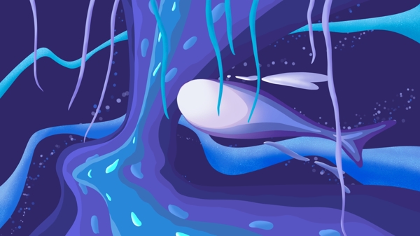 大海与鲸深海里游动的鲸鱼手绘海报插画壁纸
