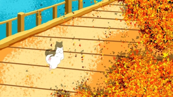 小猫妖娆的在枫树下晒太阳插画