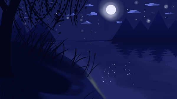 蓝色夜空下的河水明月背景