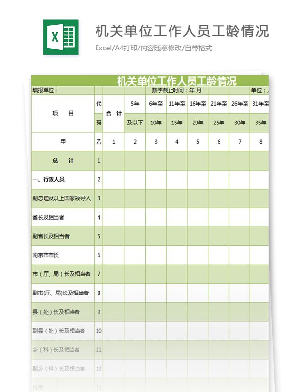 机关单位工作人员工龄情况excel模板