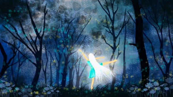 跳舞的森林精灵公主手绘治愈插画梦游仙境