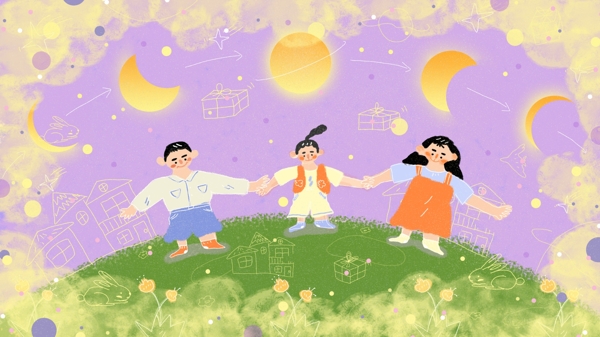 中秋节涂鸦月亮和幸福的一家人