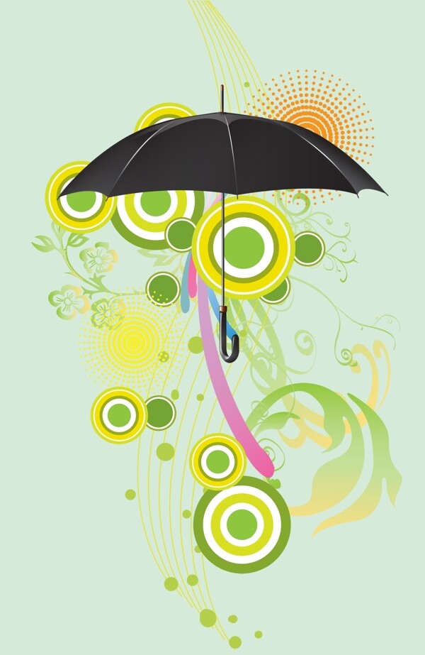 黑色雨傘時尚圖案綠色底紋韓國風格