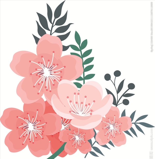 矢量手绘粉色花卉植物