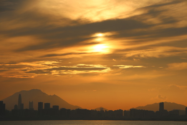 大气落日余晖海边城市夕阳背景图