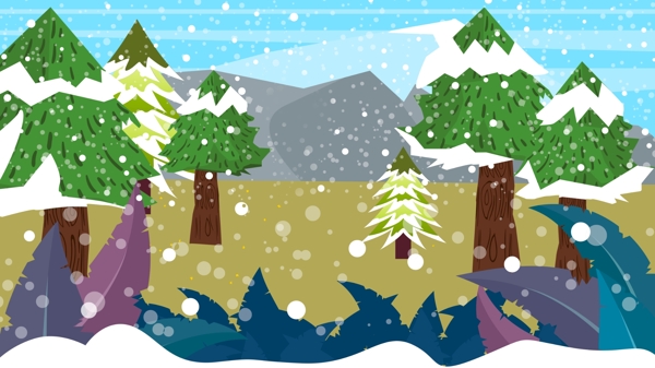 彩绘下雪雪地圣诞树背景设计